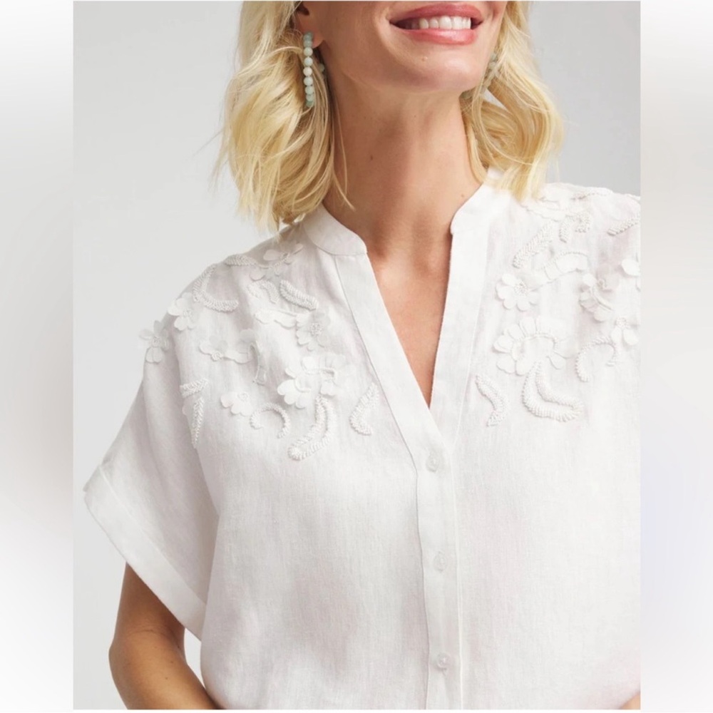 CHICOS Linen Dolman Sleeve Embroidered Blouse White Siz US 8 - Picture 2 of 11